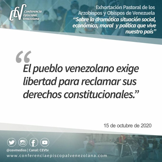 CEVmedios's tweet photo. #CEVNoticias Extractos de la Exhortación Pastoral "Sobre la dramática situación social, económica, moral y política que vive nuestro país" del 15 de octubre de 2020 https://t.co/vtef3H8wF7 https://t.co/Bjf7zRY491