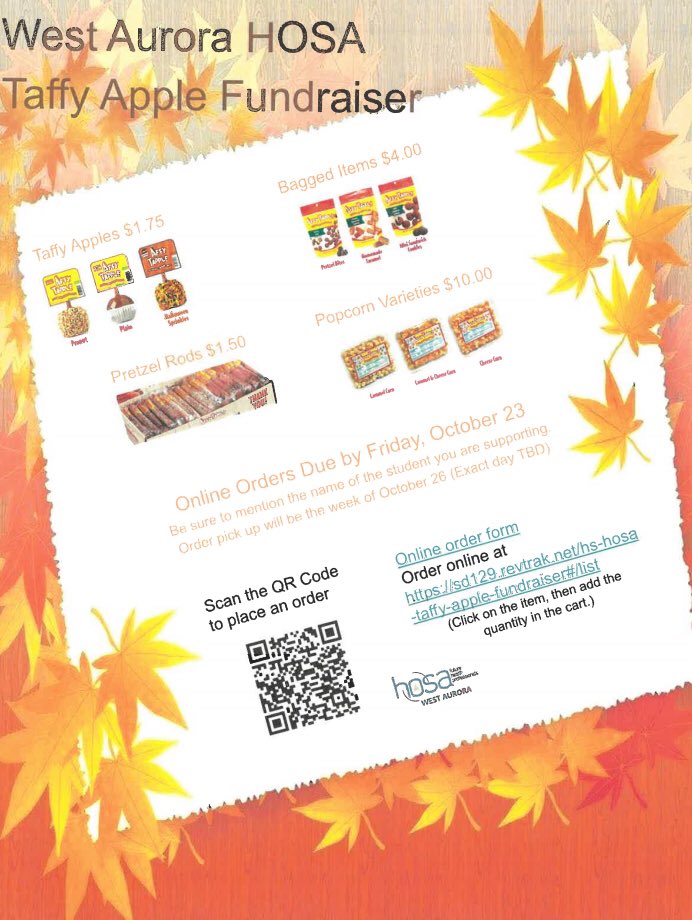Don’t miss out on the Taffy Apple HOSA Fundraiser!! Orders will close this Friday, October 23. Remember to include the students name you will be supporting🔵🔵🔵 To place an older; sd129.revtrak.net/hs-hosa-taffy-…