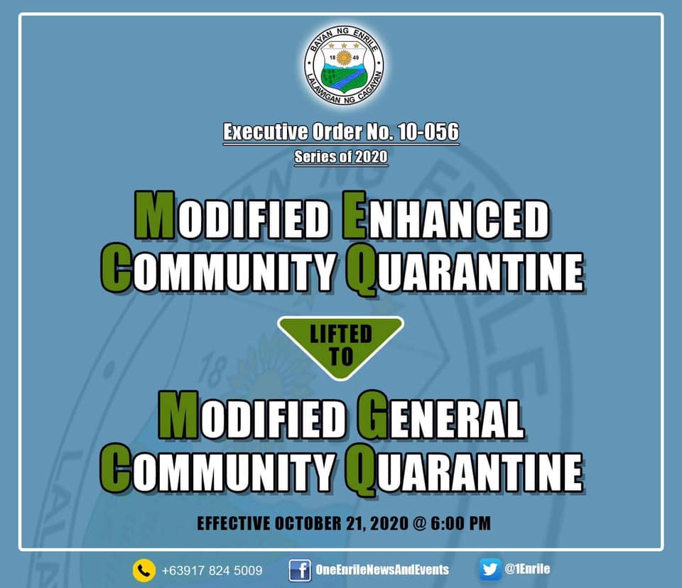1Enrile's tweet photo. Covid -19 Advisory: EO No. 10-056 Series of 2020 “AN ORDER LIFTING MECQ effective October 21, 2020 6:00PM 
The MHO Dr. Ricardo, and other members of the MIATF favorably recommended to Enrile Mayor Decena the lifting of MECQ for the following reasons: (See thread) https://t.co/YTVe2Q0ZTH