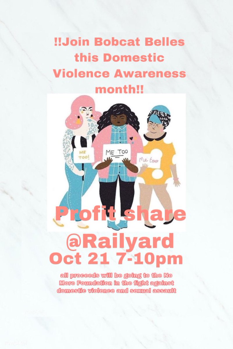 💜PROFIT SHARE💜 
Bobcat Belles is excited to partner with <a href="/NOMOREorg/">NO MORE</a> and help raise awareness for domestic violence and sexual assault. Head on out to <a href="/railyardsmtx/">Railyard Bar & Grill</a> TODAY from 7-10pm‼️  
All proceeds will be going to the No More Foundation and their wonderful cause✨