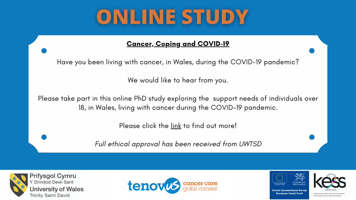 Please RT: Our KESS funded PhD student <a href="/Zoe_9392/">Dr Zoe Cooke</a> is looking for individuals 18+ with a cancer diagnosis, living in Wales during the COVID-19 pandemic, to take part in PhD study exploring cancer, coping and COVID-19. Link to study -uwtsdyrathrofa.eu.qualtrics.com/jfe/form/SV_9L…