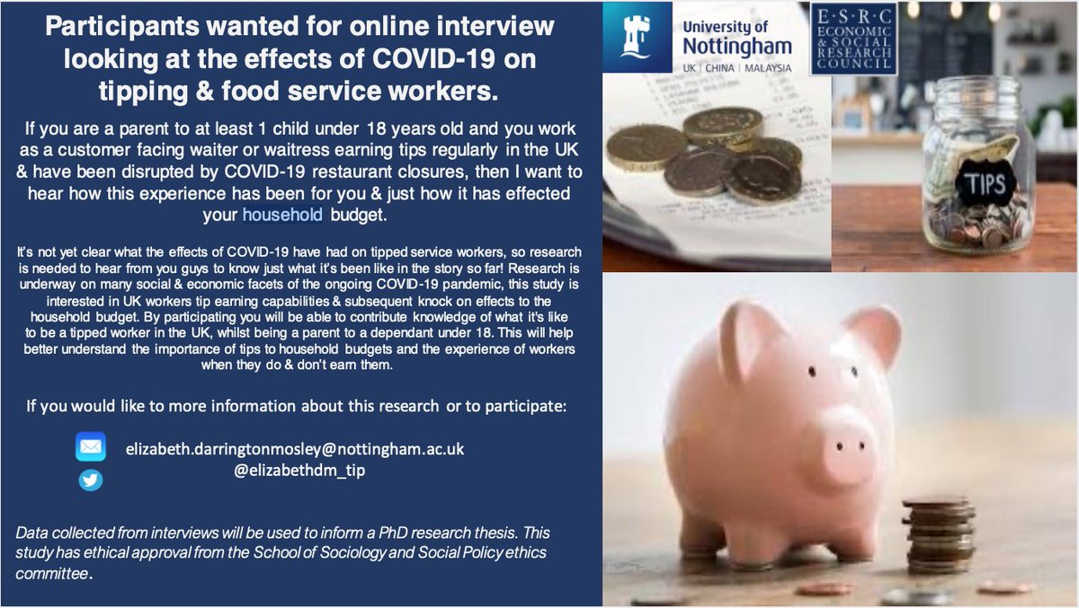 elizabethdm_tip's tweet image. Thinking about @FairHospitality ? Research participants wanted for Covid-19 PhD project. Are you a UK Waiter or Waitress? Who's a parent? Who earns tips at work? Has your household budget changed? Want to tell your story? #foodservice #FairTips #restaurant