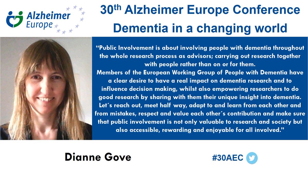 #30AEC Meet the speakers: @DianneGove is speaking at the @AlzheimerEurope Conference “Dementia in a changing world” about Patient and public involvement #PPI in #dementia research: developing an approach with the European Working Group of People with Dementia #EWGPWD