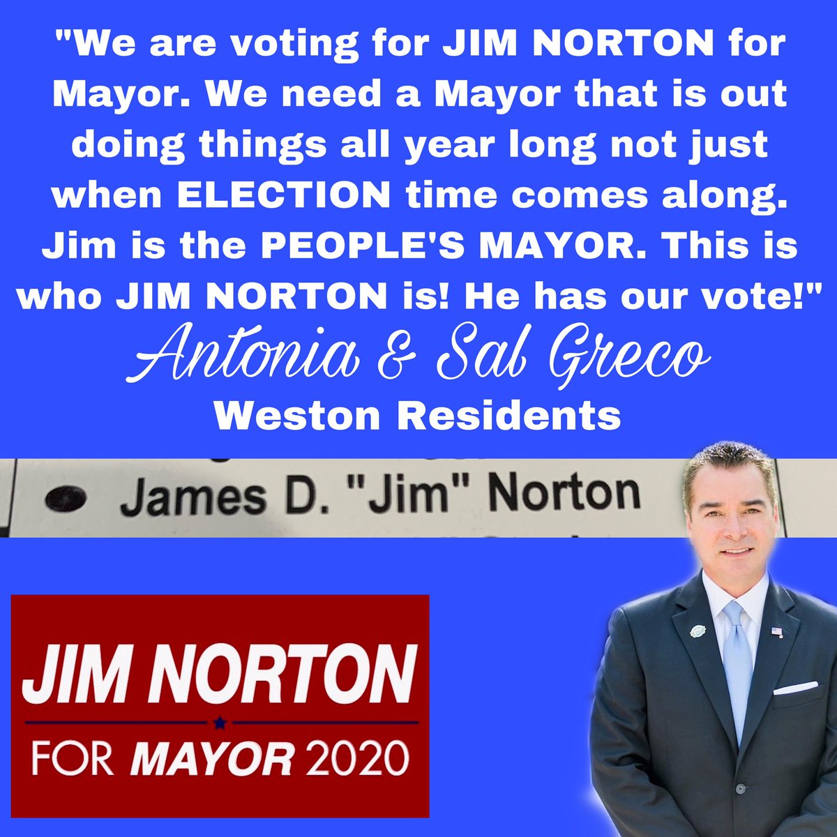 #NortonInNovember
#JimNorton #VoteJimNorton #WestonMayor
#Weston #WestonFlorida
#WestonianParty
#JimNorton2020
#MunicipalExperience #CommunityService #Leadership #Vote2020 #NonPartisan #Vote

Approved by Jim Norton for Mayor