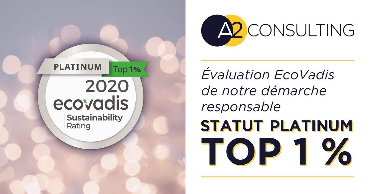 Pour notre évaluation #RSE <a href="/EcoVadisFR/">EcoVadis France</a> cette année nous avons fait mieux que l'or : le platine ! ✨ <a href="/A2_Consulting/">A2_Consulting</a> danas le top 1% des entreprises les plus responsables. Pour en savoir plus > bit.ly/2ISSKpV
#conseilresponsable #conseil