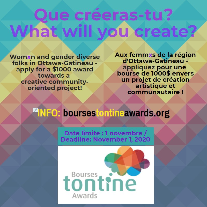 Accepting applications until Nov 1st! #Ottarts #art #Gatineau #Ottawa
On attend vos idées creatives - appliquer jusqu'a 1 nov!
boursestontineawards.org