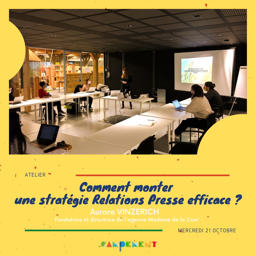 🏕 Ce matin, les Campeurs ont reçu la visite d'<a href="/AuroreVinzerich/">Aurore Vinzerich</a>, fondatrice de l’agence @MadameDeLaCom, pour un atelier « Comment monter une stratégie Relations Presse efficace ? ». 

🗣 Au menu, 1h30 de conseils pour développer et valoriser sa communication RP.