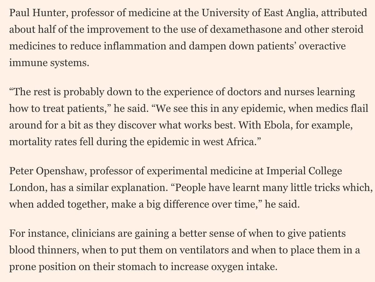 10) But it’s certainly plausible that improvements in critical care over the course of the pandemic have led to tangible reductions in mortality @metadoc &  @p_openshaw explained to  @clivecookson how new medicines & lessons learned along the way by doctors could be playing a part