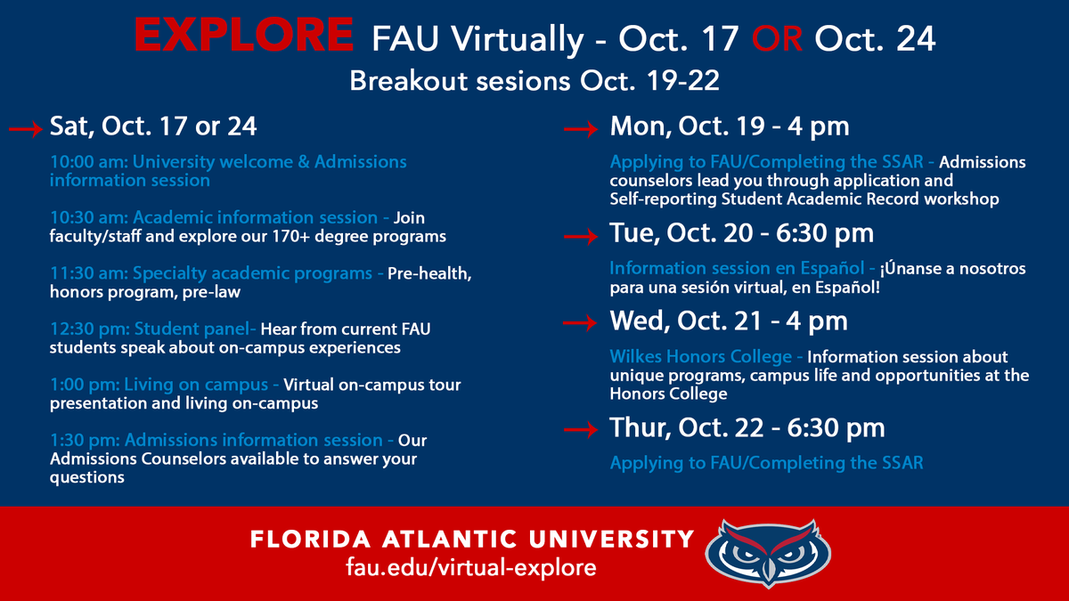 FAUadmissions's tweet photo. It's not too late to register for Saturday's #ExploreFAU virtual open house. Once you register, check out our weekday breakout sessions about @WilkesHonorsFAU or get more info on how to apply/completing the SSAR
RSVP - https://t.co/aty5fRmG3B https://t.co/RiNafPuCiu