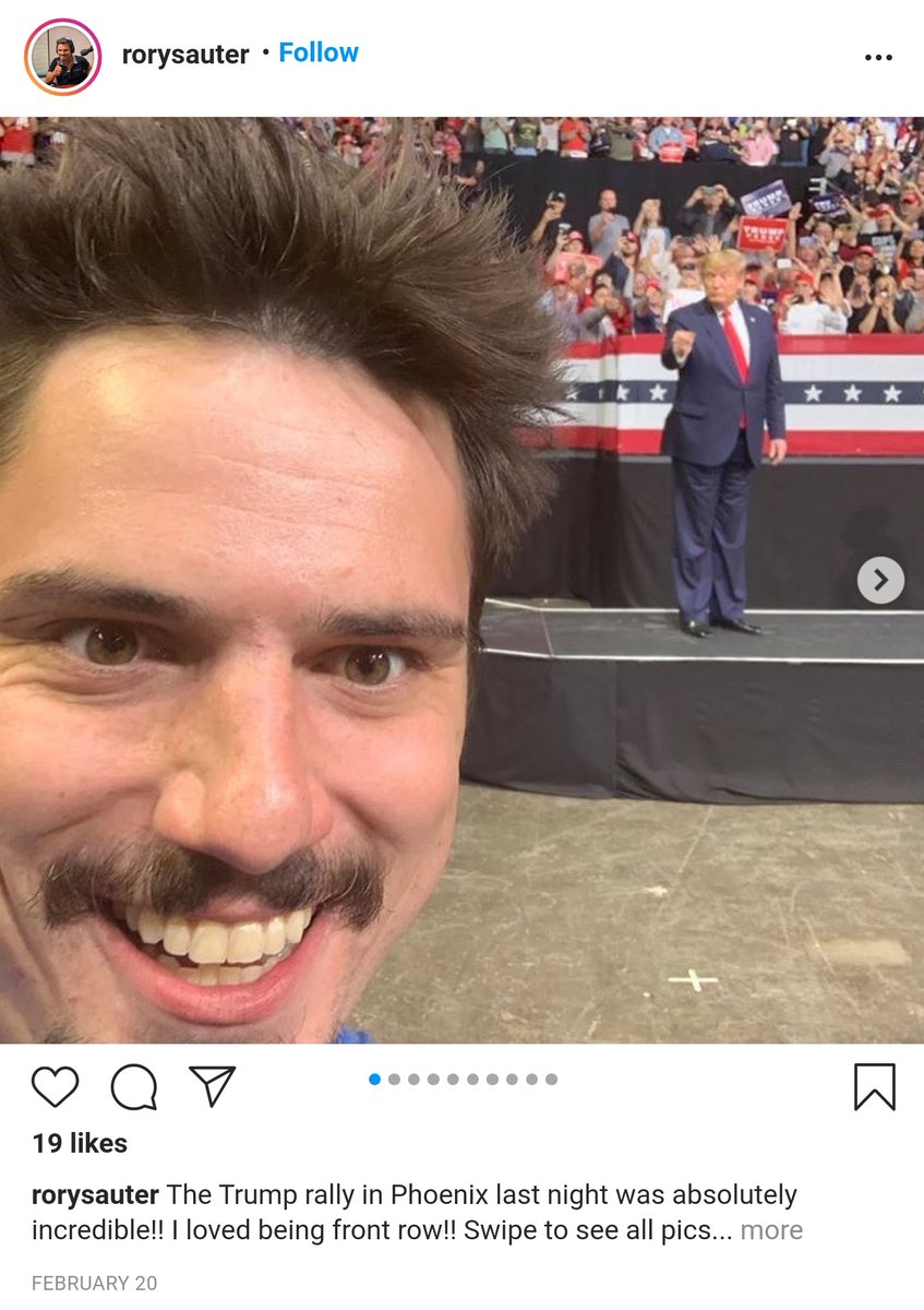 Rory's support for Trump goes way beyond tweeting, podcasts, and selling merchandise; Rory also attends rallies and book signings. He has a few photos with Don Jr., and he stands in the front row at rallies...