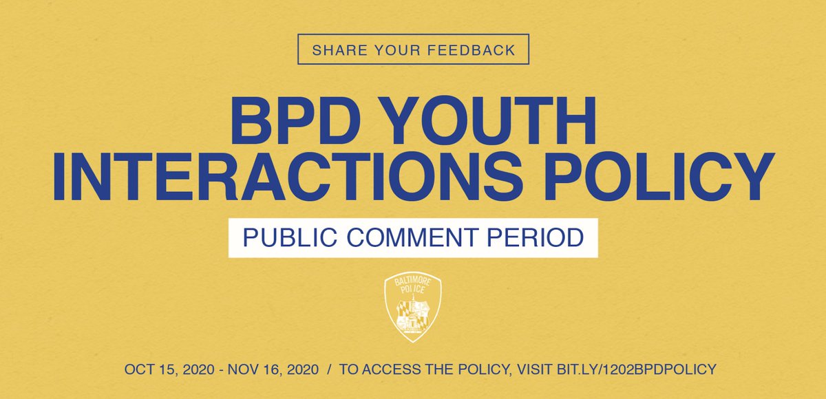 Baltimore MONSE - Neighborhood Safety & Engagement (@baltimoremonse) on Twitter photo .<a href="/BPD_CDIU/">BPD Consent Decree Implementation Unit</a> <a href="/BaltimorePolice/">Baltimore Police</a> is now accepting feedback for 1202 Youth Interactions Policy in the 30 Day Public Comment Period. To read the full policy, where you can submit your feedback, visit bit.ly/1202bpdpolicy .<a href="/BPD_CDIU/">BPD Consent Decree Implementation Unit</a> <a href="/BaltimorePolice/">Baltimore Police</a> is now accepting feedback for 1202 Youth Interactions Policy in the 30 Day Public Comment Period. To read the full policy, where you can submit your feedback, visit bit.ly/1202bpdpolicy
