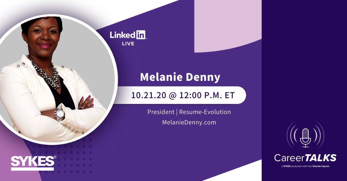 Today on #CareerTALKS: guest Melanie Denny โ an award-winning #resume expert and career #empowerment speaker โ meets with SYKES Talent Acquisition Manager and CareerTALKS Host Orlando Haynes on how to be empowered during a #jobsearch.
Today at noon: https://t.co/T1Vh2vxYOH https://t.co/eeF2oSDDgg