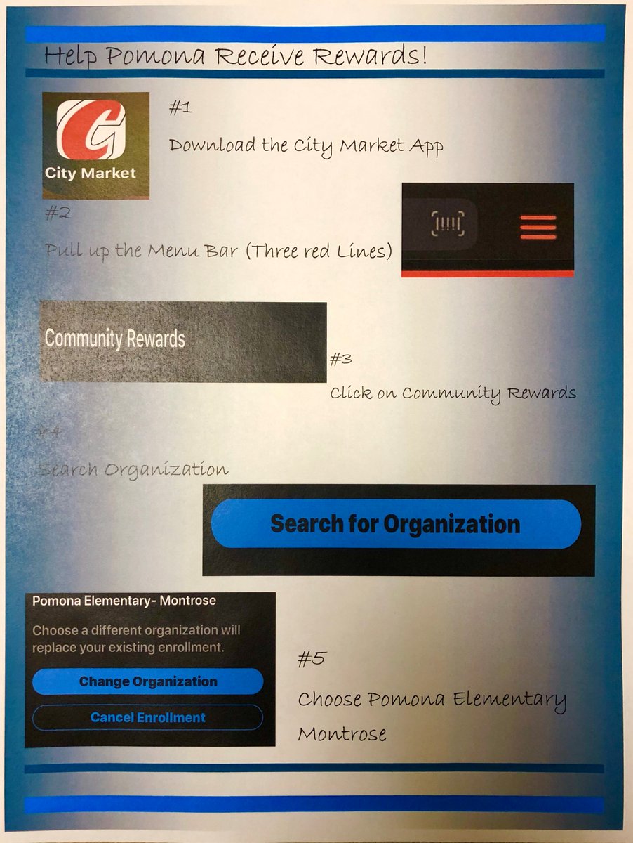 Pomona Families, help us get rewards in 5 easy steps! Pomona Elementary benefits every time you use your City Market Rewards card. Call the office if you need assistance. 970-249-2514. Thank you!