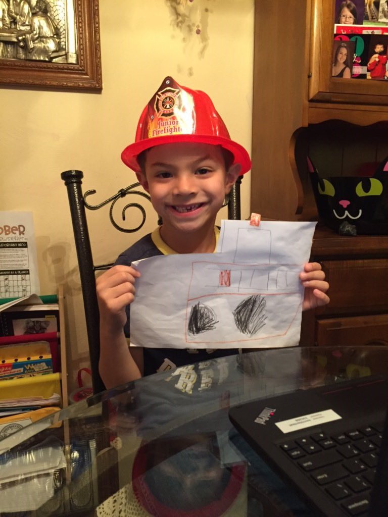 Seneca_Valley's tweet photo. Sound the alarm for cuteness! During National Fire Safety Week Ms. Stephanie Schultz's cyber kindergarteners learned all about fire fighters &amp; fire safety tips. As a fun end to the week, the children created firetruck artwork.🚒#SVCyberClassroom #SV2021 #SVAOC #FirePreventionWeek https://t.co/GhjOhcFfxK
