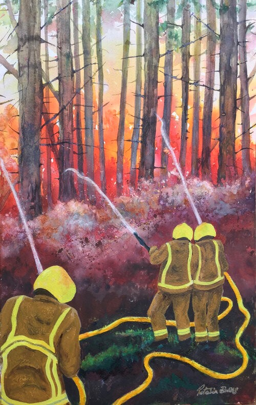 There's been a huge response to the exhibition by @broadstoneartsociety! Many paintings have already sold &amp; £400 raised for the #helpwarehamforest appeal. If you'd like one - including these images of the fire crews - you’ll need to be quick! See more at broadstoneartsociety.com