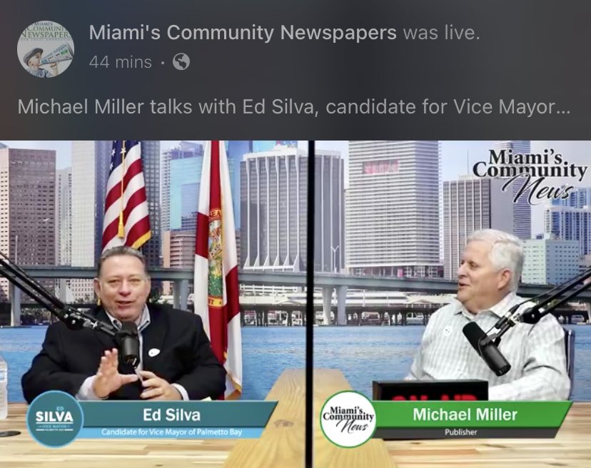 VoteEdSilva's tweet photo. 📺 Watch my latest interview w/Michael Miller, publisher of @communitypapers on how #PalmettoBay has gone “off the rails” &amp; how, by working together, we will bring our community back! Don’t miss this 👉🏻https://t.co/nFJSS3oDy4   #PalmettoBaysGotTalent #PalmettoBayCares #ImWithEd https://t.co/F1zEU2WnYV