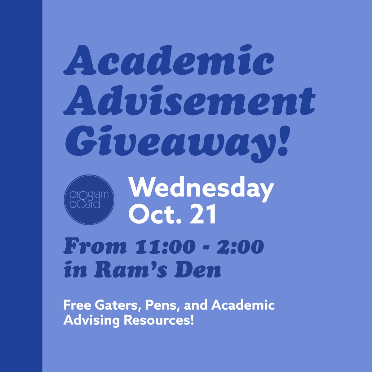Hey Rams! Today is the start of Academic Advising for the Spring 2021 semester! Join us in Ram's Den from 11am to 2pm for resources and free things! Hope to see you there!