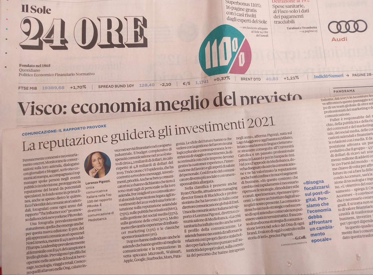 GCattaneo_'s tweet photo. Social issues like #diversity #environmental cause #healthequity are leading the growth of communication investment on #reputation . Interesting article by @gpcolletti on @sole24ore about Provoke‘s Influence 100 insight report #PRovokeGlobal #behindreputation #brand #Management https://t.co/MjWpZmqz52