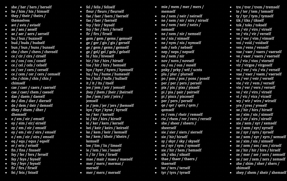 TitaniaMcGrath's tweet image. As it’s #PronounsDay, I’m reposting my list of pronouns that you MUST learn.

If you don’t know them all, you’re literally a fascist.
