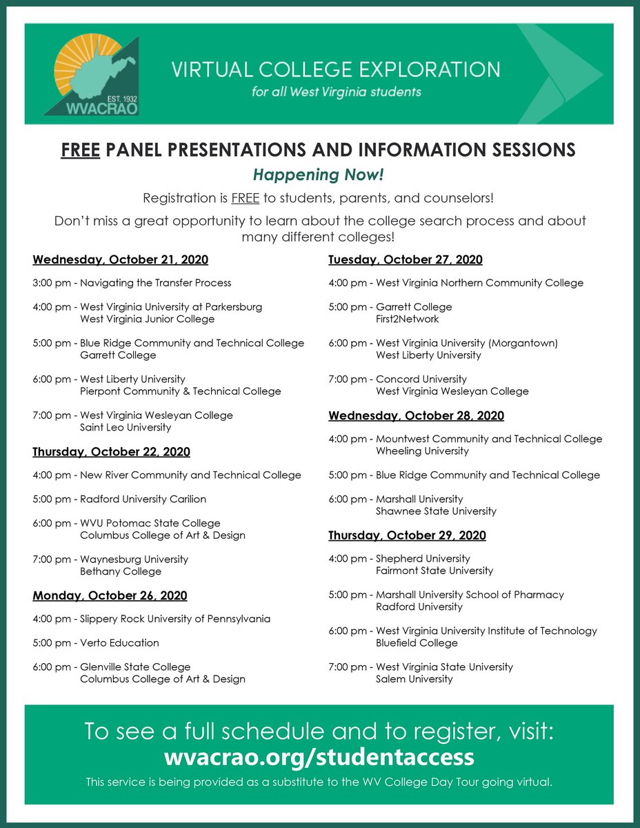 There’s 6️⃣ more days of FREE sessions to learn more about a wide variety of colleges and universities in WV &amp; beyond. Sign up for any of these events at wvacrao.org/studentaccess.