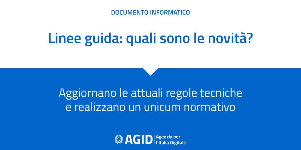 AgidGov's tweet photo. Quali sono le novità delle Linee Guida #AgID sulla gestione del #documentoinformatico? 📄
🆕 Aggiornano le attuali regole tecniche e realizzano un unicum normativo di facile consultazione 👌
Leggile qui 👇
https://t.co/URXSLYtCrG https://t.co/dRMS9QsqTU