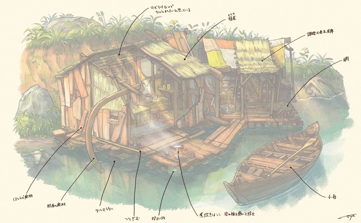 「水上の家というのもワクワクする…!
いかだのような感じで浮いてます。
#萌え建築」|埜々原のイラスト