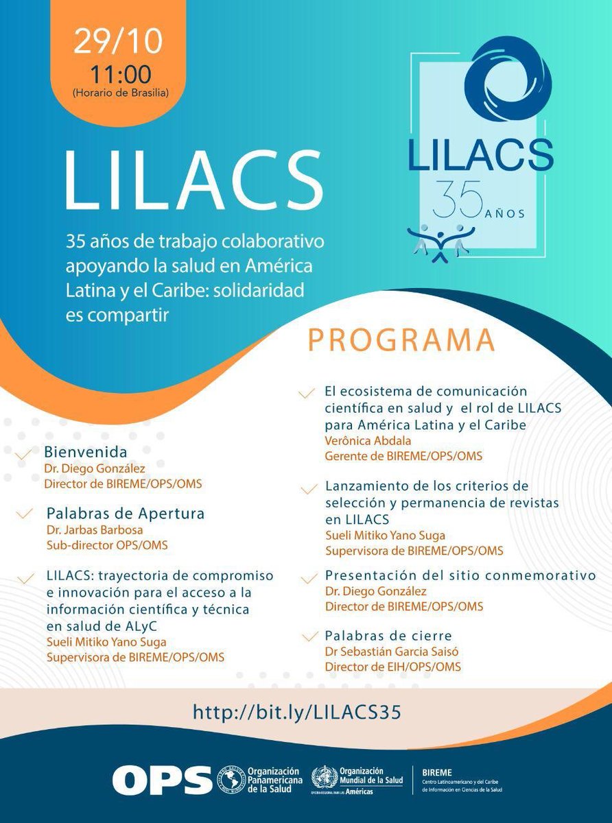 Salven la fecha y únanse a los expertos para conocer el impacto del trabajo colaborativo de #LILACS para garantizar el acceso a la información técnica y científica en salud desde hace 35 años. Será un gusto escuchar a mi amigo el Dr. Diego Gonzalez. Enhorabuena @bireme @opsoms https://t.co/D4G4rFDzBj