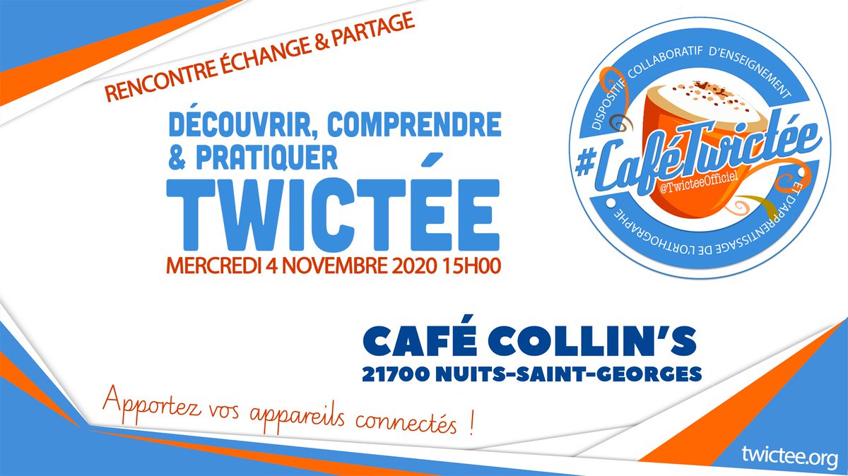 Envie de découvrir <a href="/TwicteeOfficiel/">TwictéeOfficiel</a> et de pourquoi pas se lancer dans cette aventure pédagogique au service de l'enseignement de l'orthographe ?
Alors RDV le mercredi 4 novembre à 15h à Nuits-St-Georges ! 
<a href="/CafeTwictee/">Café Twictée</a> #cafétwictée