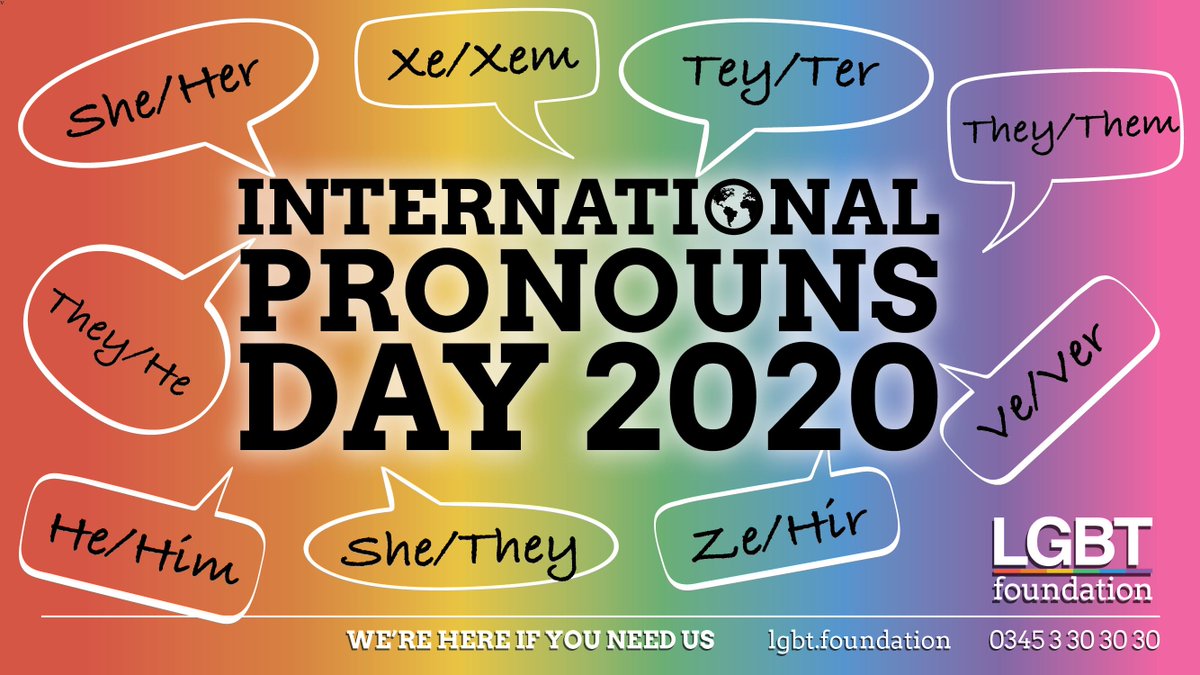 LGBTfdn's tweet image. Happy International #PronounsDay!

Today is a chance for us to make respecting, sharing &amp;amp; educating about personal pronouns more commonplace

Referring to people by the pronouns they determine for themselves is basic to human dignity

Find out more at lgbt.foundation/pronouns