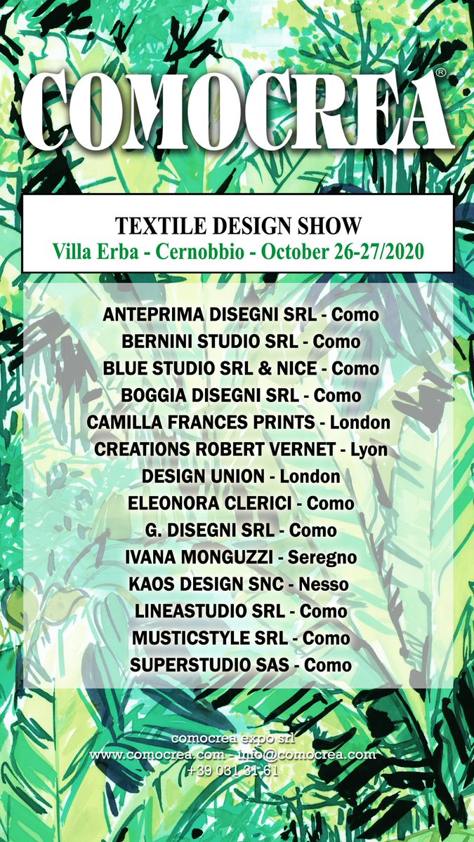 Comocrea's tweet photo. il DPCM 18 ottobre 2020 ha sancito che le Fiere Internazionali sono consentite, pertanto @Comocrea Textile Design Show - Ottobre 26-27/2020 si presenterà regolarmente a Cernobbio presso il centro espositivo @VillaErba con la collezione estiva e il meglio del disegno https://t.co/gTsWFQZYBb
