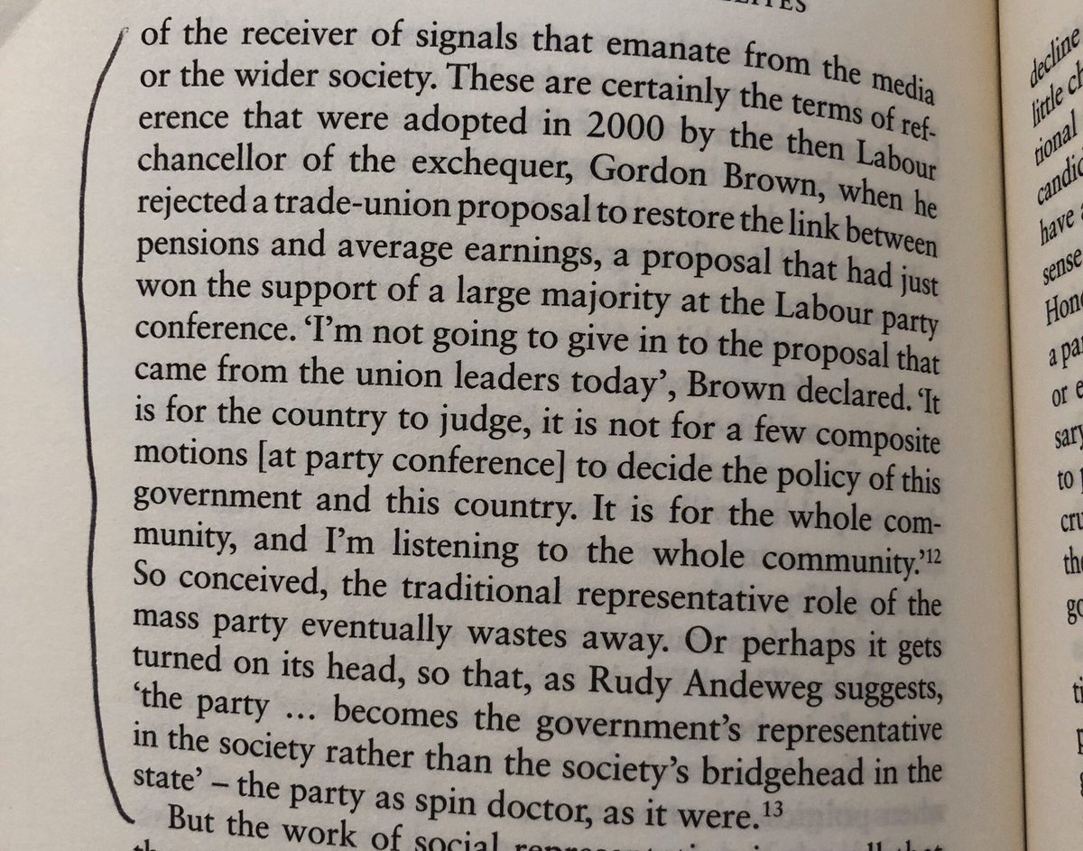Gordon Brown shoots down a proposal from his party. This emphasises that politicians and parties become “government’s representative in society, rather than society’s bridgehead in the state... the politician as spin doctor (for the status quo)”