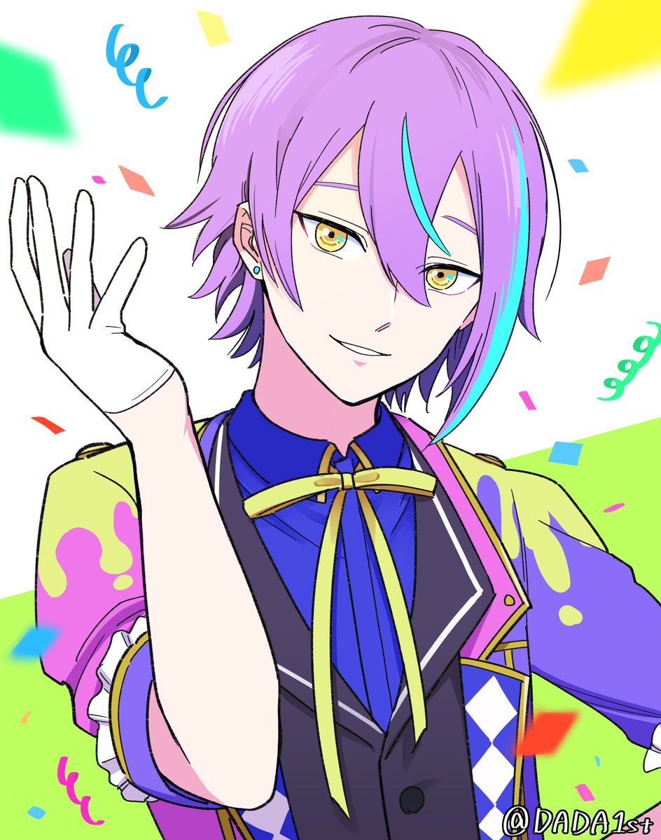 1boy yellow eyes male focus purple hair solo streaked hair gloves  illustration images