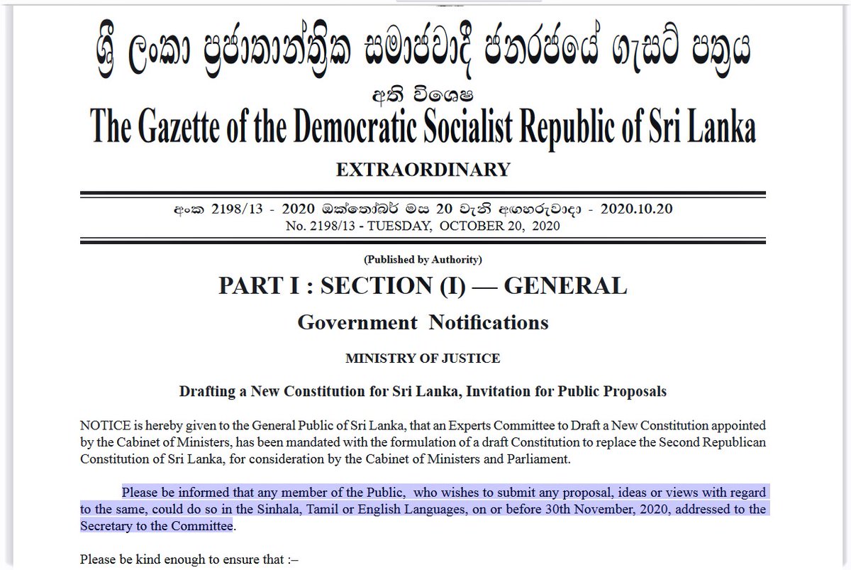 NalakaG's tweet photo. Ministry of Justice of #lka govt calls for public views &amp; proposals for #NewConstLK, to be sent by 30 Nov 2020. 
What happens to all public consultations &amp; proposals captured in 2015-16 by Public Representations Committee on Constitutional Reform (PRCCR)?
https://t.co/9ZArEf4yJA https://t.co/akcYwciBfF