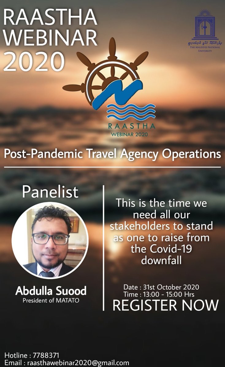 yomabrw's tweet photo. Introducing Mr. Abdulla Suood,
President of MATATO, as a panelist for the travel agency session of Raastha Webinar 2020.
Register now: https://t.co/XBtRlBauxr
#raastha2020 #aarasthukurama #LetsRebuild #sunwillshineagain https://t.co/9bJ67pGADr
