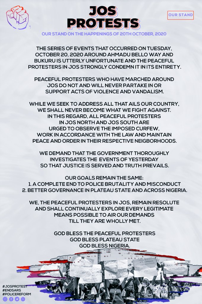peekaymila's tweet photo. JOS PEACEFUL PROTESTS: our stand on what transpired yesterday in Jos.

Cc @MI_Abaga @davido @mrmacaroni @SERAPNigeria @EiENigeria @AmnestyNigeria @obyezeks @fkabudu 
#JosProtest #JosEndSarsProtest #EndSARS #ENDBADGOVERNANCE https://t.co/eUr90vy5Sd