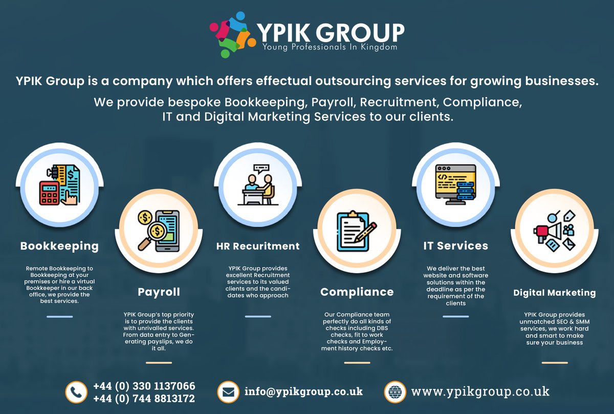 ypikgroup's tweet photo. YPIK GROUP is a company which offers effectual outsourcing services for growing businesses.

#YPIKGroup #BusinessConsultancy #Outsourcing #ITServices #DigitalMarketing #SEO #SMM #WebDesigning #WebDevelopment #Compliance #HR #Recruitment #Bookkeeping #Payroll #London #UK https://t.co/abK9YPaWDg