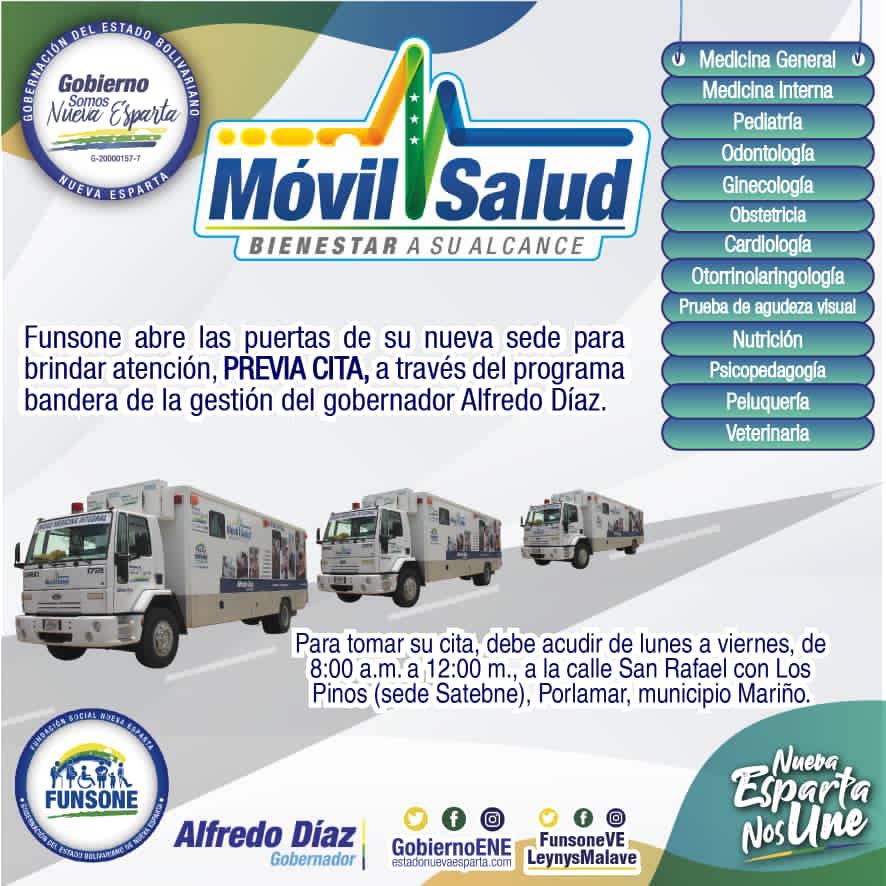funsoneVe's tweet photo. BIENESTAR A TU ALCANCE

El gobernador del estado Nueva Esparta, Alfredo Díaz, a través de Funsone, pone a disposición el programa bandera de su gestión, Móvil Salud, ahora con consultas diarias, previa cita.

#ElBuenGobierno
#NuevaEspartaNosUne
#SomosNuevaEsparta https://t.co/ia6gzIUChj