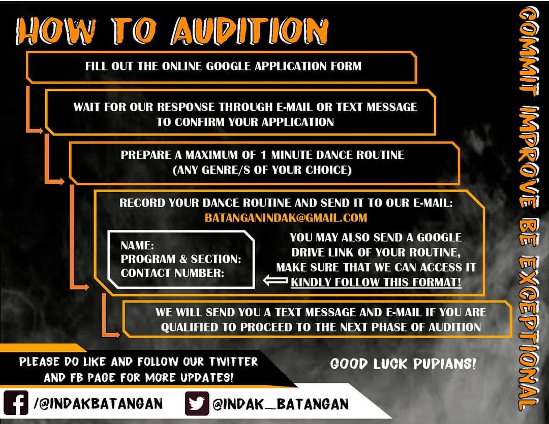 Indak_Batangan's tweet photo. Heads up mga Iskolar ng Bayan!
Get a chance to be part of the PUP-STB's Most Dynamic Cultural Organization. 

We are encouraging those who share the same passion to come join us as we present to you "THE INDAK BATANGAN ONLINE AUDITION!"

#IndakPataas
#IndakBatangan https://t.co/OclJ39TZUx