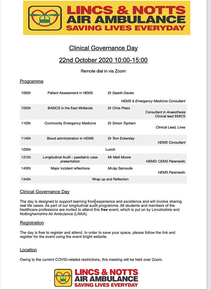 Looks like a great programme for <a href="/LNAACT/">Lincs & Notts Air Ambulance</a>’s clinical governance day tomorrow. Free to attend via zoom for any HCP’s or students interested in pre-hospital care. Good one for @nemsoc14 <a href="/NCLSACC/">NSACC</a> <a href="/NewcastleUFRs/">Newcastle University First Responders</a>  <a href="/UOSPARASOCIETY/">Sunderland Paramedic Society</a> <a href="/TeesParamedic/">TeesUni Paramedic</a> Sign up at eventbrite.co.uk/e/clinical-gov…