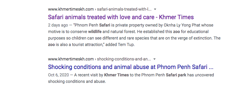 ahaffner1's tweet photo. (1/2) Media note from #Cambodia spotted by a friend: Pro-gov daily Khmer Times wrote an Oct 6 article describing animal abuse at Phnom Penh Safari zoo. Sometime after, KT quietly scrubbed it and wrote a follow-up with a *very* different tone, as seen below ... https://t.co/fRAZzyRzxx