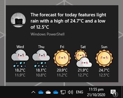 WindosNZ's tweet image. That came out looking pretty cool, will blog it in a couple of days.

(Keen eyes will have noted, no 20H2 installed on this machine yet)

#PowerShell #BurntToast #WeatherForecast