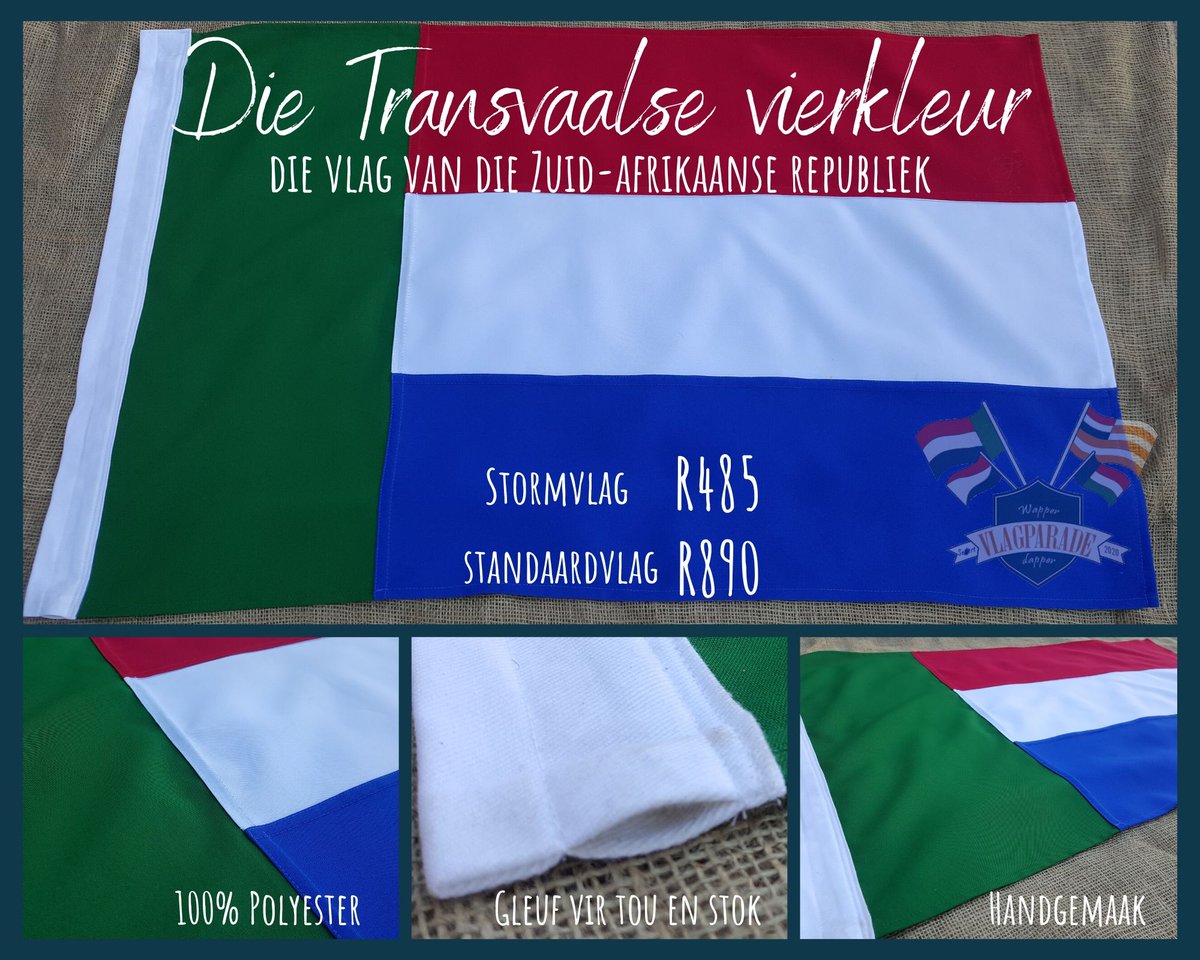 vlagparade's tweet photo. Plaas só jou bestelling per whatsapp by 0738475310:
- Naam en van
- Tipe vlag
- Grootte (60x40, 90x60, 180x120)
- Hoeveelheid

Koerier landswyd @R100
Ons vlae word handgemaak laat dus so 3 weke tot aflewering. https://t.co/LkA019Drna