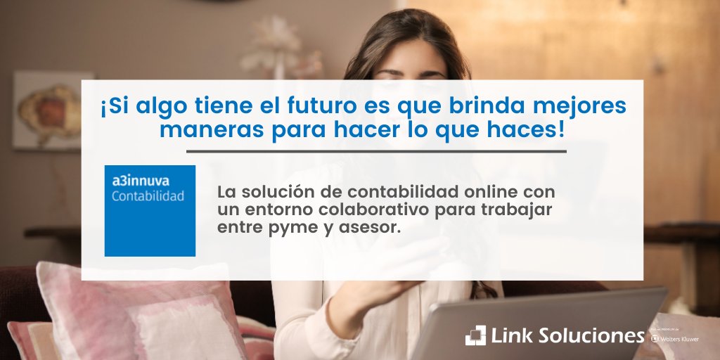 lsoluciones's tweet photo. El futuro está en la nube... ¡Y la #contabilidad también!
Si estás buscando un software de contabilidad online moderno, eficaz y que te permita ahorrar tiempo....
¡a3innuva | contabilidad es la solución para ti! Descubre más 👉 https://t.co/BEJ6pJIXFK
#softwareonline #Cloud https://t.co/V4Uv3Qrrn4