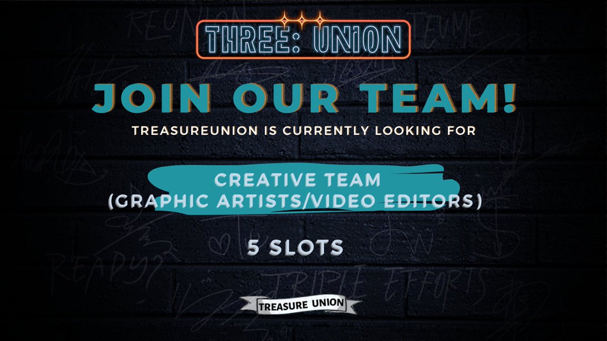 [  ] 𝐖𝐄’𝐑𝐄 𝐇𝐈𝐑𝐈𝐍𝐆!Join  @TREASUREunion's creative team as one of the graphic designers and/or video editors, a group of people learning and growing together while supporting  #TREASURE  . Please check attached link to submit an application.   http://bit.ly/TUCRTV 