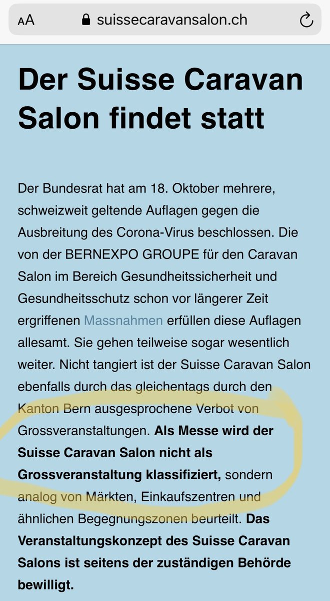 Am Donnerstag beginnt in Bern die „Suisse Caravan“ Messe. Tausende Besucher aus der ganzen Schweiz erwartet. Diese Messe darf durchgeführt werden, während der <a href="/ehcbiel/">EHC Biel-Bienne</a> <a href="/scbern_news/">SC Bern</a> und die Langnau Tigers nur vor 1000 Zuschauern spielen dürfen? Sinnhaftigkeit? #kantonbern