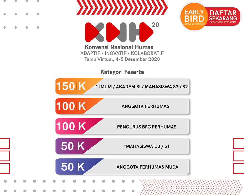 perhumasmuda's tweet photo. EARLY BIRD Tiket Konvensi Nasional Humas 2020 tinggal 3 Hari lagi loh! 
Yuk, daftar Konvensi Nasional Humas 2020 [KNH20] yang akan berlangsung pada 4-5 Desember 2020

Early Bird sampai Jumat, 23 Oktober 2020
Daftar sekarang: https://t.co/0M5Jj15ZoW
_
#KNH20 https://t.co/gULArxOYao