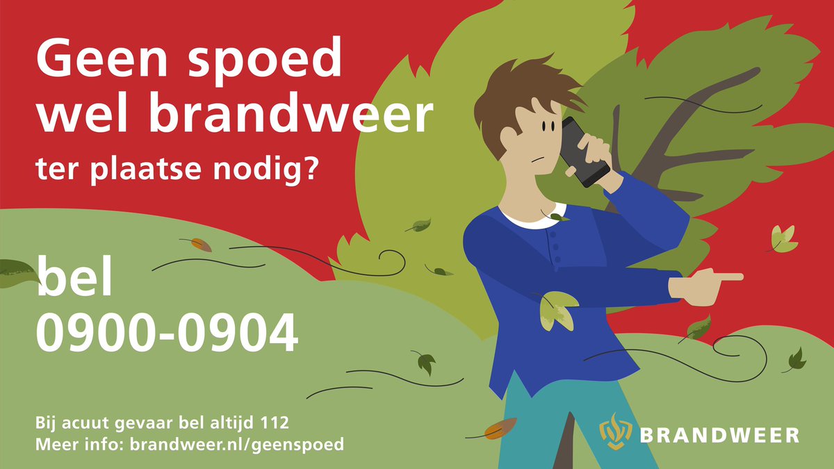 Het KNMI verwacht in de loop van de middag zware windstoten. Geen spoed maar wel de brandweer ter plaatse nodig? Bel 0900-0904.
Kijk voor meer informatie bit.ly/35h2uSg
