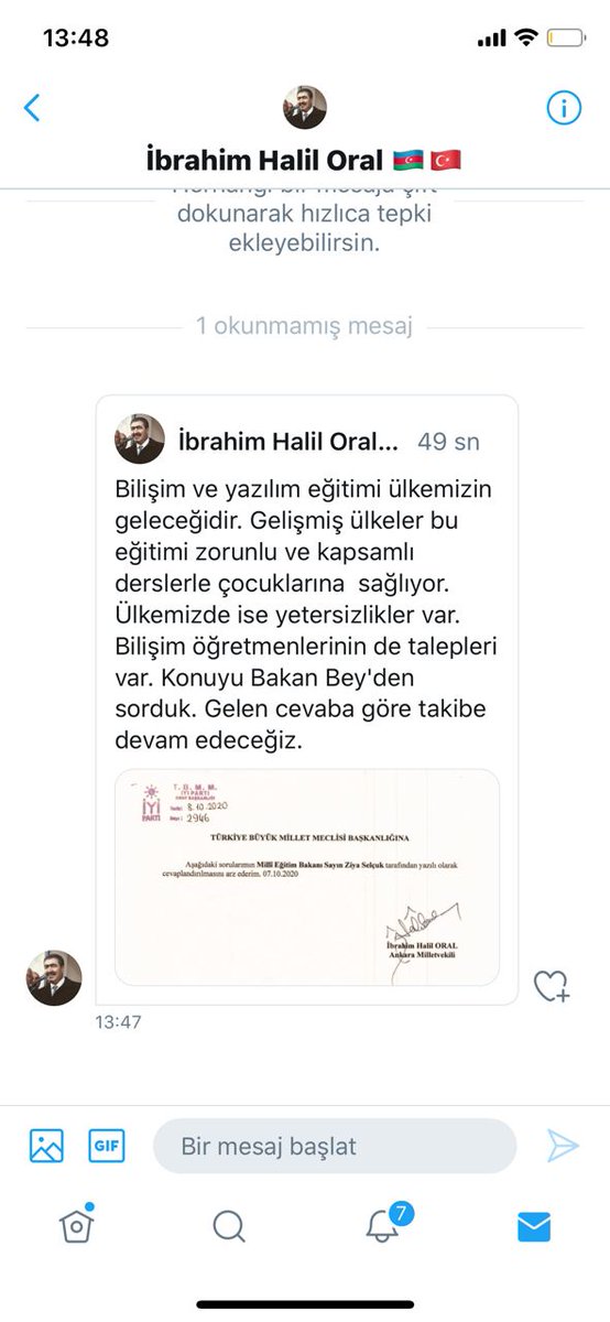 İyi Partisi Ankara Milletvekili Sayın İbrahim Halil Oral Milli Eğitim Bakanı Ziya Selçuk'a Bilişim Teknolojileri alanında geleceğimiz için sorulması gereken sorunlarımızı bakanımıza iletti. Bilişim Teknolojileri Öğretmenleri adına kendilerine teşekkürlerimizi iletiyoruz. 👏👏