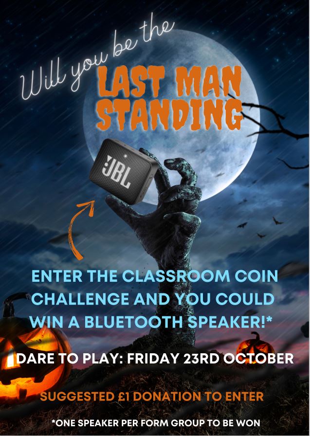 TheMisbourne's tweet photo. Will you be the 'Last Man Standing' in form time tomorrow? Your chance to win a bluetooth speaker. All Β£1 donations to FOTM. https://t.co/JsEII6ulmR