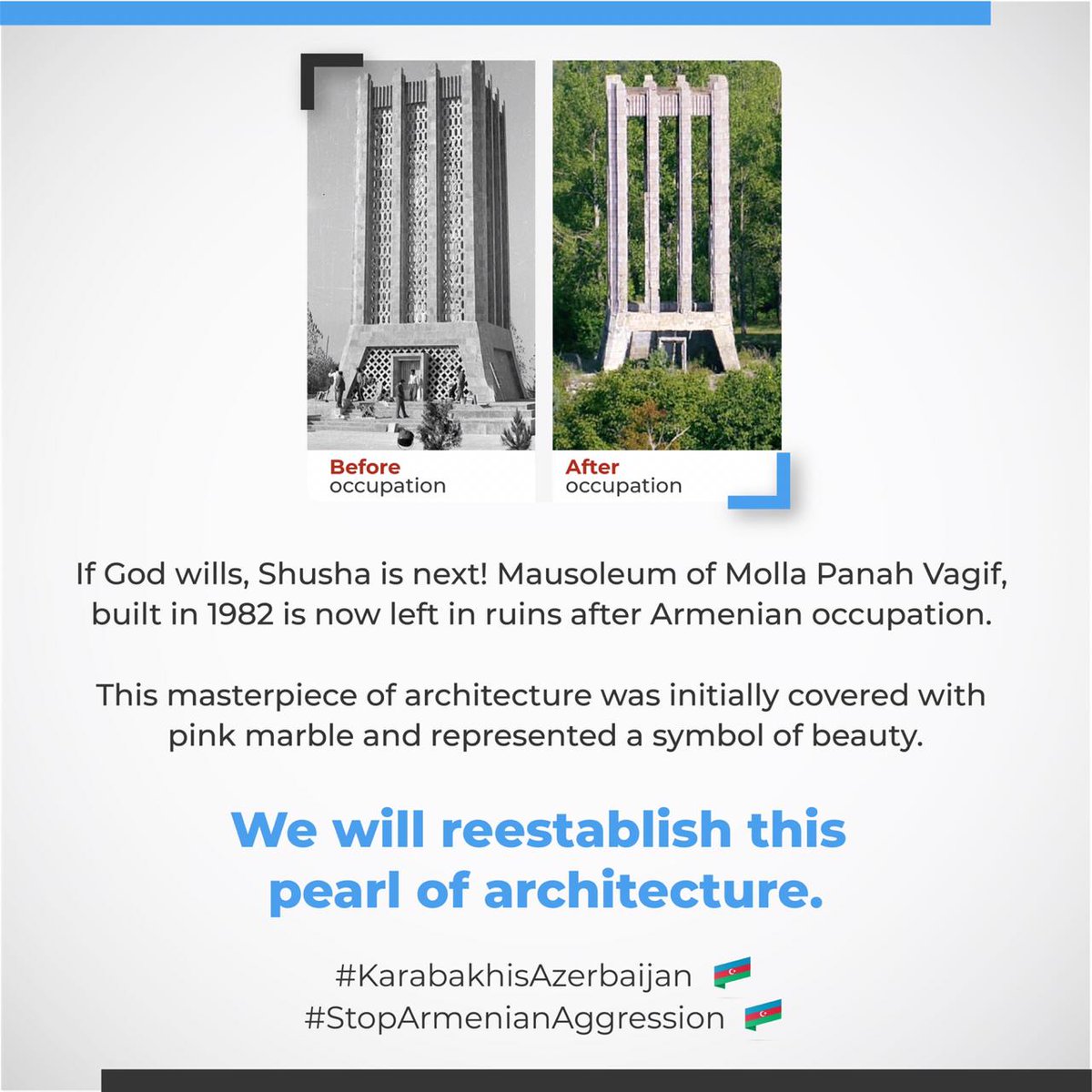 Shusha will come home! Waiting won’t take long. We will reestablish the mausoleum of Molla Panah Vagif  barbarously destroyed by Armenia. Surely and very soon!
#StopArmenianAggression  
#StopArmenianOccupation  
#KarabakhisAzerbaijan 🇦🇿🇦🇿🇹🇷🇹🇷
#DontBelieveArmenia